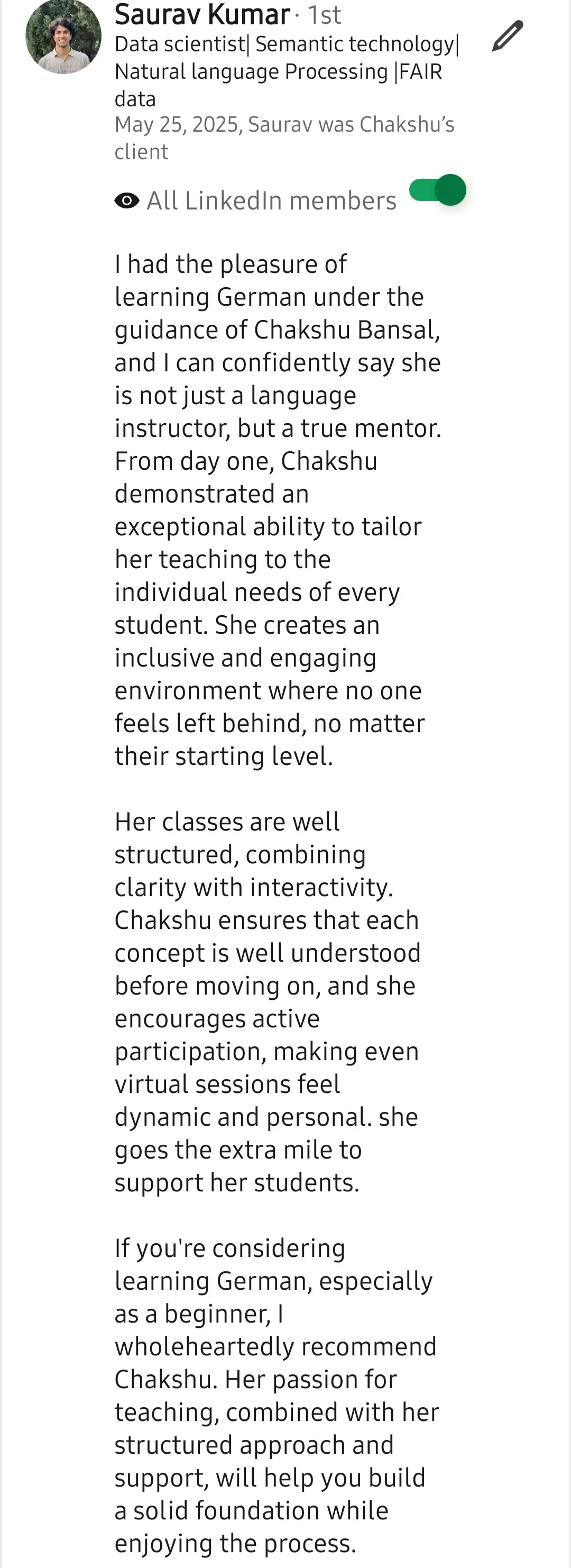 Screenshot of a LinkedIn recommendation for Lingopundit