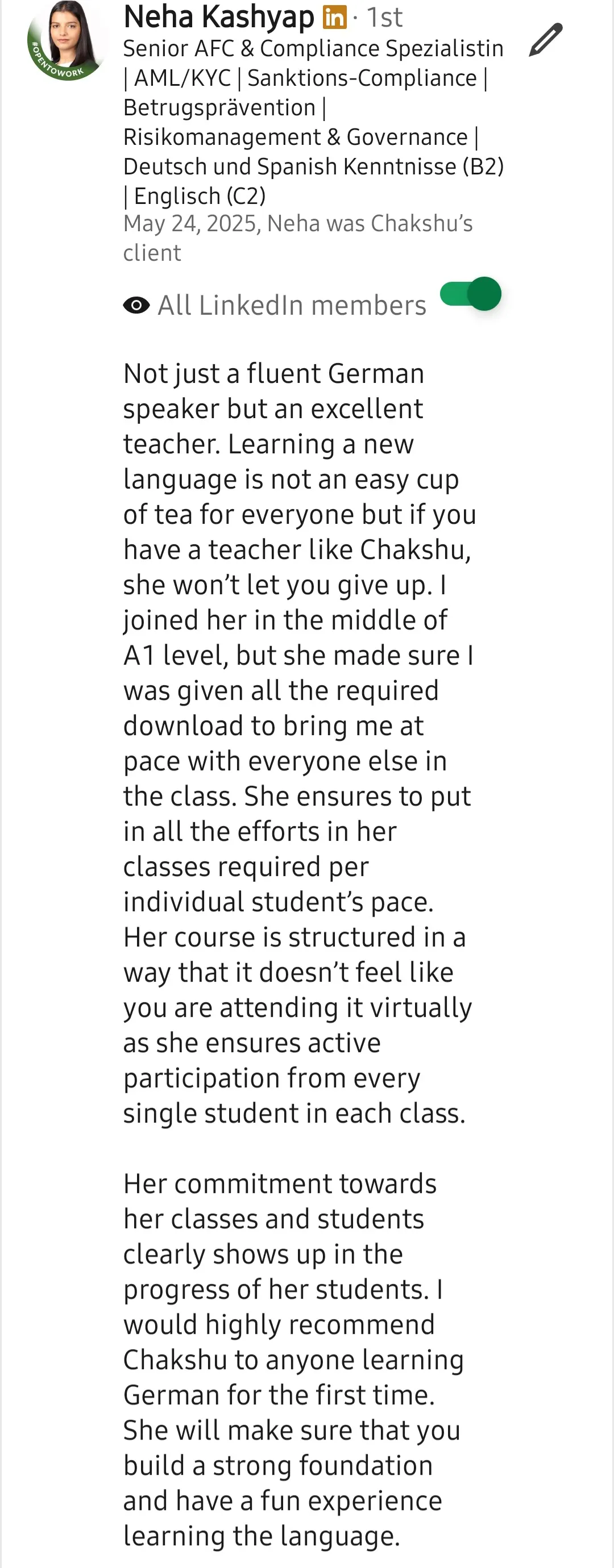 Screenshot of a LinkedIn recommendation for Lingopundit