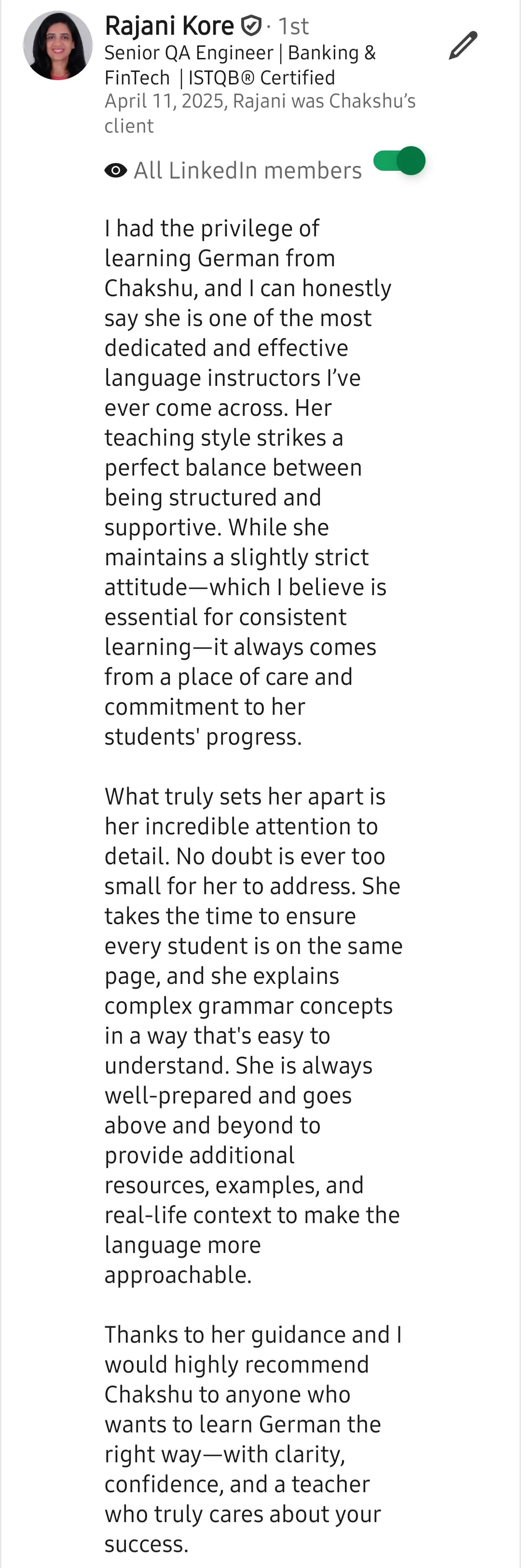 Screenshot of a LinkedIn recommendation for Lingopundit