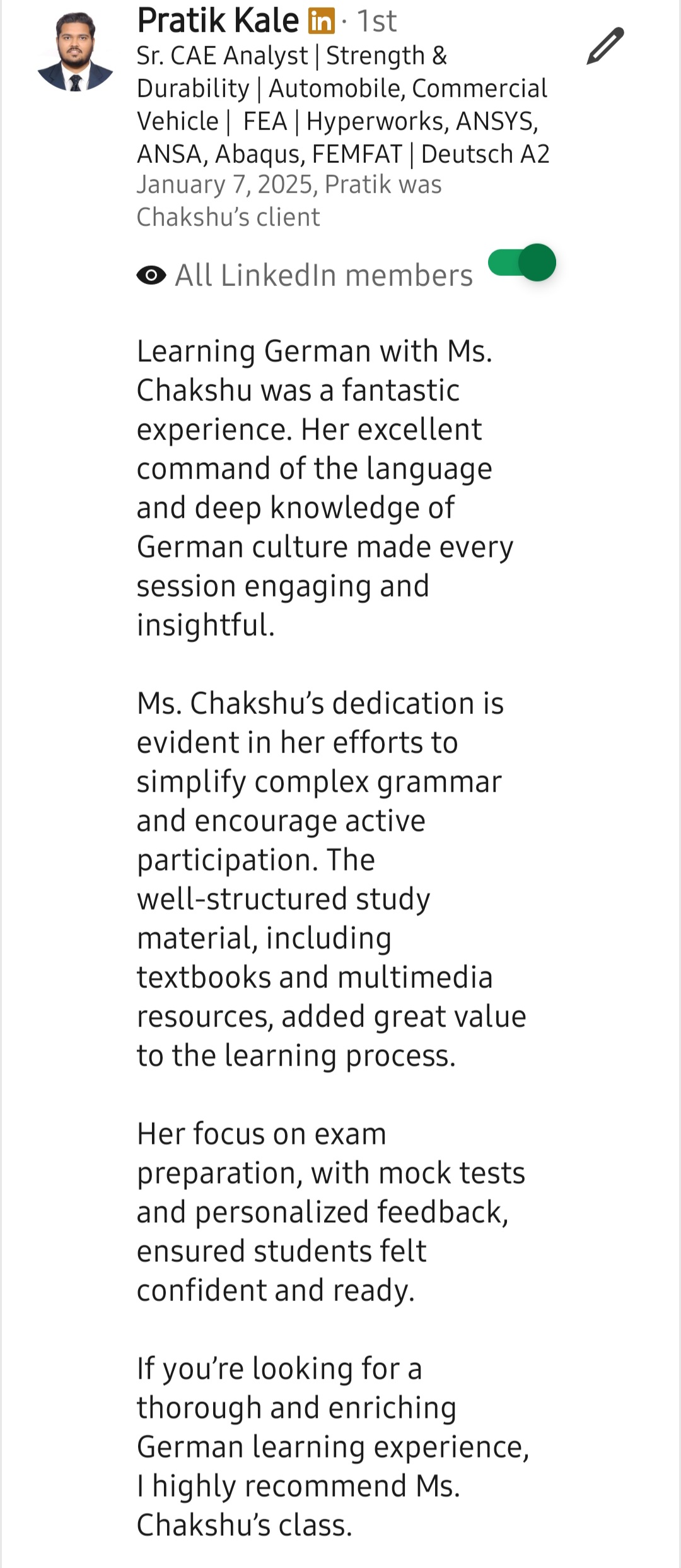 Screenshot of a LinkedIn recommendation for Lingopundit