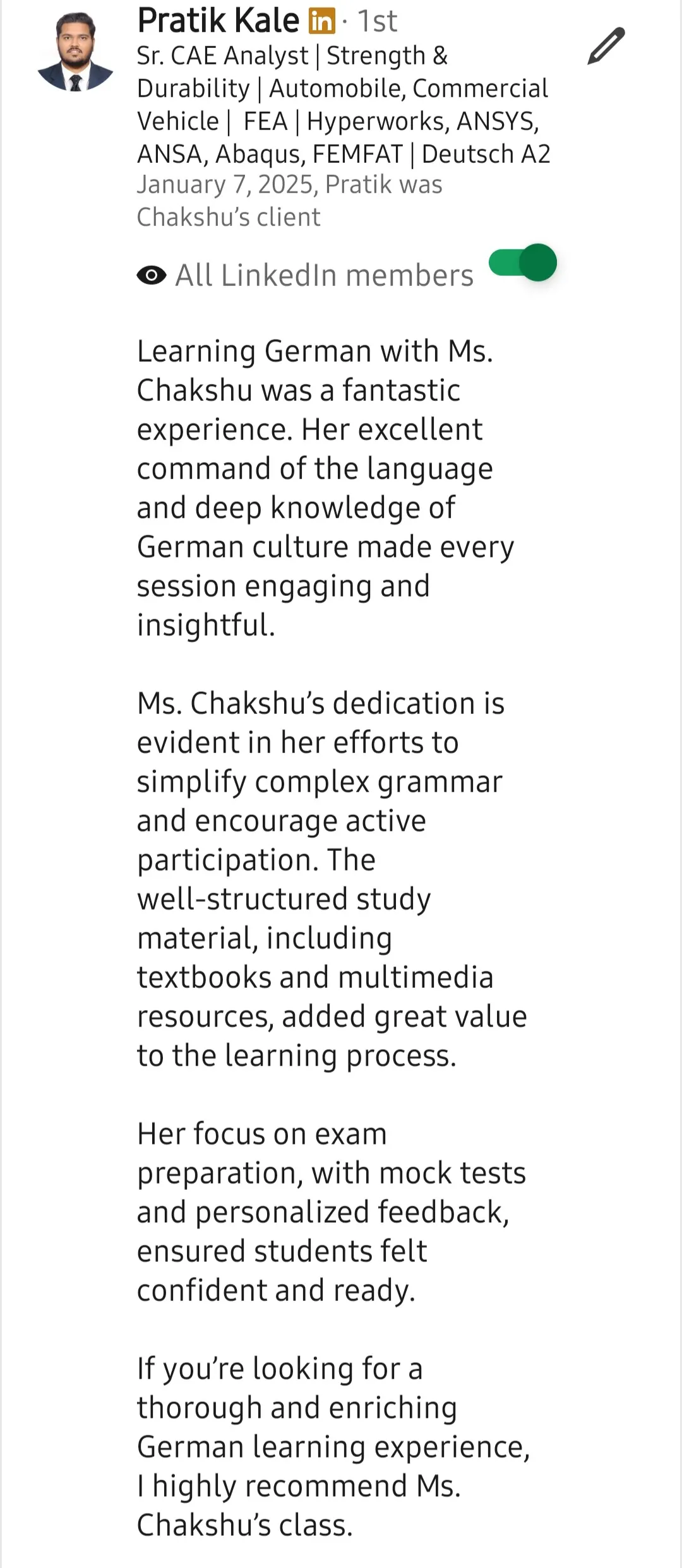 Screenshot of a LinkedIn recommendation for Lingopundit
